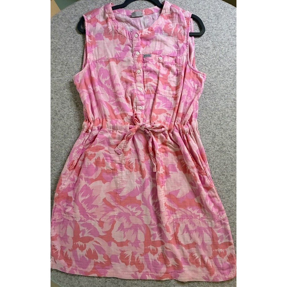 Columbia Pink Peonies Floral Tie Waist Button Front Sleeveless Outdoor Dress XL